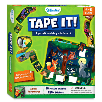 Front view of Skillmatics Tape It! Animal Adventures game box for ages 4–8 years. The green box shows a forest-themed puzzle scene with animals like a fox, raccoon, owl, and wolf, along with colourful tape roll visuals. Text highlights “Easy to stick. Easy to remove!” and product features — 16 picture puzzles and 150+ stickers. The Skillmatics logo and age range are visible on the top, with a warning for small parts.