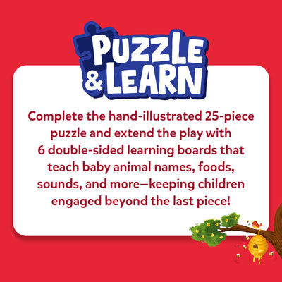 Skillmatics Puzzle & Learn feature graphic explaining that the set includes a hand-illustrated 25-piece farm animals puzzle and 6 double-sided learning boards covering baby animal names, foods, sounds and more, extending educational play beyond completing the puzzle.
