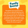 Skillmatics Family Banter product description on an orange rounded rectangle with a yellow background. The Family Banter speech bubble logo appears at the top. White text describes the game as featuring thoughtful and funny questions that spark debate until the family agrees on one answer. Examples include choosing a family dish and picking a dream dinner guest. Tagline reads No right answers, just banter till everyone agrees.