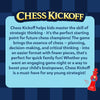 Promotional graphic titled “Chess Kickoff” with a gold heading on a dark blue chessboard-patterned background. A large light-blue text panel explains how Chess Kickoff helps kids develop strategic thinking, planning, decision-making, and critical thinking using a simplified chess format with fewer pieces, designed for quick family fun and beginner-friendly learning.
