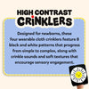 Skillmatics High Contrast Crinklers panel with title and newborn sensory development focus. Shows benefits: cognitive abilities, visual development, focus & attention, visual tracking & eye coordination, auditory development. 