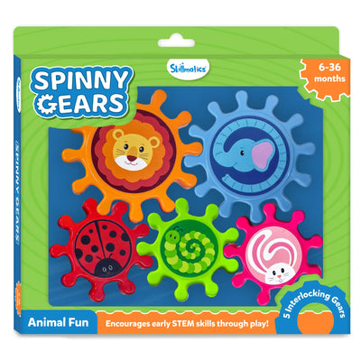 Skillmatics Spinny Gears Animal Fun 5-gear toy box shown at an angle on a green background. Five interlocking gears displayed: orange lion, blue elephant, red ladybug, green caterpillar spiral, and pink rabbit. Labels read "6-36 months," "5 Interlocking Gears," "Animal Fun," and "Encourages early STEM skills through play!" Skillmatics logo at top center.