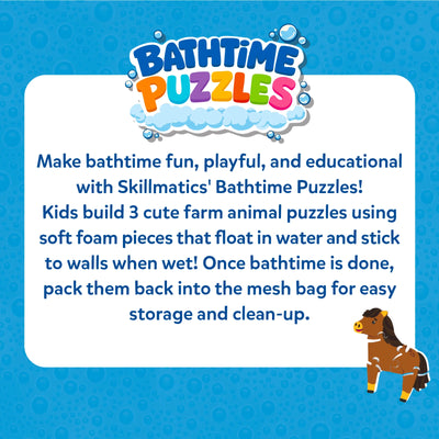 Skillmatics Bathtime Puzzles promotional graphic featuring the colorful product logo and product description. The image explains that children build three farm animal puzzles using soft foam pieces that float in water, stick to wet walls, and store neatly in the included mesh bag after bath time.