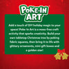  Skillmatics Poke-In Art graphic on a red festive background with the logo and a green text panel describing the mess-free craft. The panel explains building a tabletop Christmas tree by poking fabric squares and decorating it with glitter ornaments, mini gift boxes and a golden star.