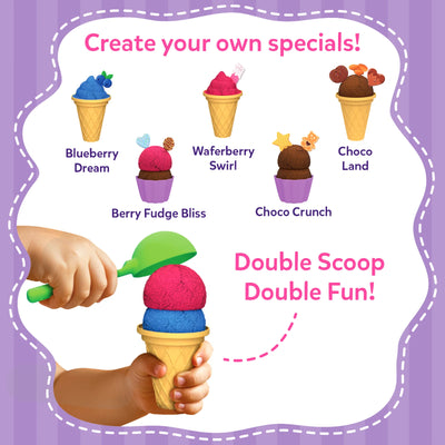 Children’s toy ice cream set with colorful scoops and cones for pretend play