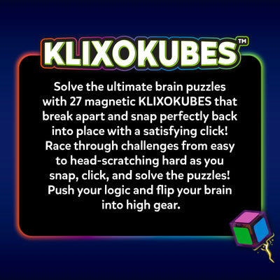 Klixokubes product information graphic featuring the logo above a description of the magnetic puzzle game. The design explains how 27 magnetic cubes separate and snap together to solve challenges ranging from easy to difficult, with a colorful cube illustration and glowing accents in the corner.