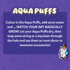Instructions for using Aqua Puffs colorful water-activated art pieces for decor or accessories