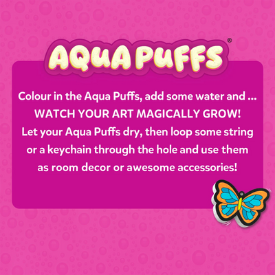 Instruction graphic with Aqua Puffs logo on pink background explaining process: color the Aqua Puffs, add water to watch art grow, let dry, then attach string or keychain to use as room decor or accessories. Includes bold headline and butterfly design example in bottom corner.