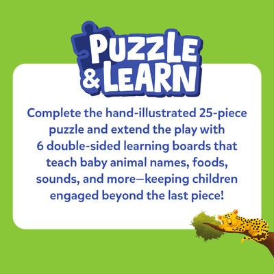 Skillmatics Puzzle & Learn feature graphic explaining that the hand-illustrated 25-piece puzzle includes six double-sided learning boards covering baby animal names, foods, sounds and more, extending learning and keeping children engaged beyond completing the puzzle.