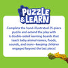 Skillmatics Puzzle & Learn feature graphic explaining that the hand-illustrated 25-piece puzzle includes six double-sided learning boards covering baby animal names, foods, sounds and more, extending learning and keeping children engaged beyond completing the puzzle.