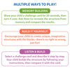 Educational infographic titled “Multiple Ways to Play” with three sections. Memory Building explains recreating structures after viewing a card briefly. Build It Yourself encourages free creative building with no right or wrong answer. Listen and Build describes following spoken instructions to recreate designs, promoting listening skills and comparison.