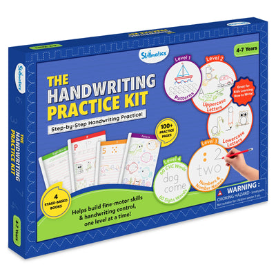 Angled view of Skillmatics The Handwriting Practice Kit box showing four learning levels: patterns, uppercase and lowercase letters, numbers, and CVC words. Sample workbook pages, a “100+ practice pages” badge, and skill-building icons appear on a blue background. The packaging highlights step-by-step learning for ages 4–7.