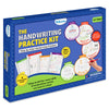 Angled view of Skillmatics The Handwriting Practice Kit box showing four learning levels: patterns, uppercase and lowercase letters, numbers, and CVC words. Sample workbook pages, a “100+ practice pages” badge, and skill-building icons appear on a blue background. The packaging highlights step-by-step learning for ages 4–7.