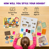 Overhead view of a child creating a Fab Tabs sensory art project using fabric texture pieces, picture boards, and peel-and-stick tabs. Icons emphasize screen-free fun, sensory stimulation, and suitability for ages 4+, while the workspace displays colorful materials for imaginative play and creative design.