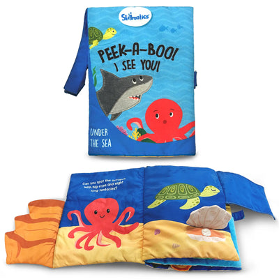 Interactive fabric baby book with underwater theme from Peek-A-Boo Under The Sea for infants