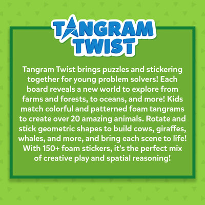 Green product card for Tangram Twist Amazing Animals game with details for ages 4-7