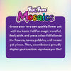 Foil Fun Mosaics activity graphic showing a colorful DIY flower pot craft created with shiny foil transfer pieces. The design explains decorating flowers, leaves, pebbles, and mosaic pot sections before assembling the finished display, presented on a soft pastel background.