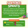Sentence Sprouts logo in orange and green on cream background. Green chalkboard-style panel with orange border promotes 50 exciting themes and 150 plus writing prompts for grammar and vocabulary. Illustrated stacked books, a purple mug, and lavender vase shown in the bottom-right corner.