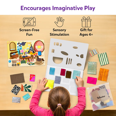 Overhead view of a child creating a Fab Tabs sensory art project using fabric texture pieces, picture boards, and peel-and-stick tabs. Icons emphasize screen-free fun, sensory stimulation, and suitability for ages 4+, while the workspace displays colorful materials for imaginative play and creative design.