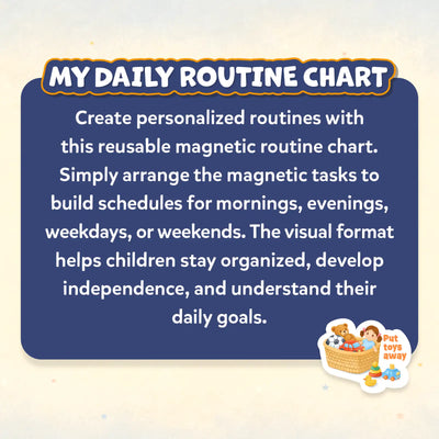 Informational graphic describing the Skillmatics My Daily Routine Chart, a reusable magnetic routine board that lets children arrange magnetic task pieces to create personalized schedules for mornings, evenings, weekdays, and weekends while encouraging organization, independence, and goal setting.