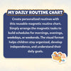 Informational graphic describing the Skillmatics My Daily Routine Chart, a reusable magnetic routine board that lets children arrange magnetic task pieces to create personalized schedules for mornings, evenings, weekdays, and weekends while encouraging organization, independence, and goal setting.