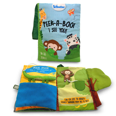 Soft fabric children’s jungle animal book with interactive elements for babies ages 6 months+