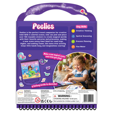 Back of Skillmatics Peelies Unicorns and Princesses activity book with a purple carry handle and star wand sticker. Upper section shows product description and Key Skills panel listing Creative Thinking, Spatial Reasoning, Process Planning, and Fine Motor. Lower left shows The Royal Reef mermaid scene with ocean stickers on a purple handle stand. Lower right shows a smiling girl placing stickers at a restaurant table.