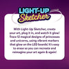 Light-Up Sketcher product information graphic on a purple background featuring a glowing princess and unicorn logo above text explaining tracing 12 designs with neon markers and erasable LED boards. The copy highlights repeated creative play and includes a large white text panel.