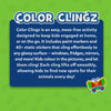 Informational graphic titled “Color Clingz” displayed on a green background with a large blue text panel. The description explains the mess-free activity for kids at home or on the go, featuring paint markers and 40+ static stickers that cling to glossy surfaces like windows and fridges. A colorful butterfly illustration appears in the corner, reinforcing the animal theme and reusable play concept.
