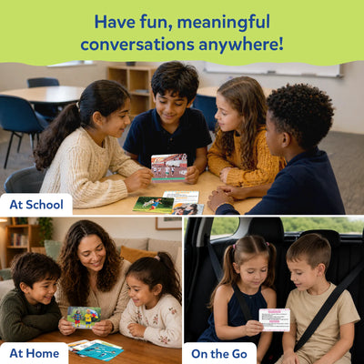 Skillmatics Picture Talk shown in three settings: children discussing photo cards together at school, a family using the cards at home, and two children reading a question card in a car. The image highlights how the conversation game encourages meaningful discussions wherever children are.