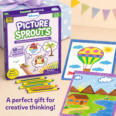 Skillmatics Picture Sprouts gift set displayed beside colorful completed drawings of a hot air balloon and a landscape. Several retractable crayons are arranged in front of the activity book box, with wrapped gifts and ribbon in the background, presenting the kit as a creative art gift for children.