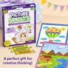 Skillmatics Picture Sprouts gift set displayed beside colorful completed drawings of a hot air balloon and a landscape. Several retractable crayons are arranged in front of the activity book box, with wrapped gifts and ribbon in the background, presenting the kit as a creative art gift for children.