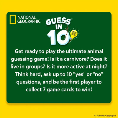 Dark green and yellow instructional panel introducing the animal guessing game. The text explains that players ask up to ten yes or no questions to identify an animal, such as whether it is a carnivore or active at night. The “Guess in 10” logo appears at the top with a lightbulb graphic, emphasizing quick thinking and strategy.