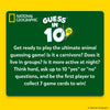Dark green and yellow instructional panel introducing the animal guessing game. The text explains that players ask up to ten yes or no questions to identify an animal, such as whether it is a carnivore or active at night. The “Guess in 10” logo appears at the top with a lightbulb graphic, emphasizing quick thinking and strategy.