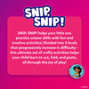 Promotional panel with the headline “SNIP, SNIP!” on a pink background, explaining how the activity set helps children practice scissor skills through fun, creative play. The text describes three progressive difficulty levels that teach cutting, folding, and pasting. A small circular Disney Princess portrait appears in the corner, reinforcing the themed learning experience.