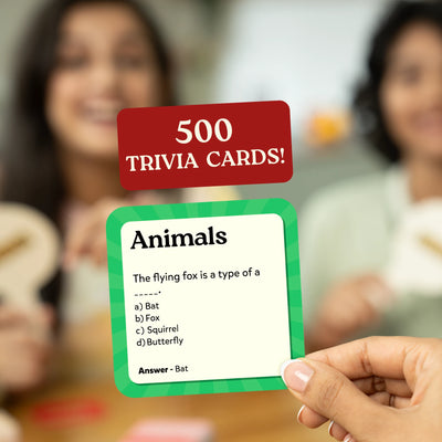 Trivia game with 500 cards featuring an Animals question about a flying fox in Dibs game