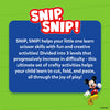 A blue rectangular panel on a green background featuring the title “SNIP, SNIP!” in bold red lettering. Below, white text explains that the activity set helps children learn scissor skills through fun and creative play, divided into three progressively challenging levels. The description mentions learning to cut, fold, and paste through play. A small illustration of Mickey Mouse appears at the bottom corner, smiling and waving.