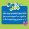 Promotional Paint-Over Art panel with blue title card on a green textured background. It describes the activity kit and shine-through printed images that reveal hidden details when colored. Includes brand logo, crab illustration, and text promoting display-worthy artwork through paint-over designs.
