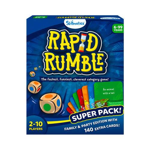 Blue Rapid Rumble Superpack box with dice, cards, and hourglass for family fun