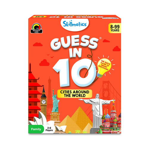 Board game box for Guess in 10 Cities Around the World trivia card game for ages 8+