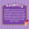 Informational graphic of Sandeezy super sand that feels cool, non-sticky, shape-holding, and moist