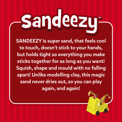 A red striped background displays the Sandeezy logo above a rounded red text box describing the super sand’s features. The text explains that the sand feels cool, doesn’t stick to hands, stays firm for moulding, and never dries out. In the bottom right corner, a bright yellow sand-moulded crane truck with black wheels, a hook arm, and small accessories is shown as an example of what kids can build.