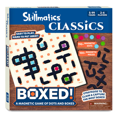The front of the Skillmatics Boxed! game box, showing the magnetic dots and boxes game. The box design features a colourful orange game board with magnetic pieces and dots in varying colours (purple, green, pink, blue). The tagline “Easy to play, hard to put away!” is featured along with the warning 