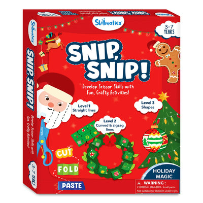 Holiday-themed Skillmatics Snip Snip craft kit for developing scissors skills for ages 3-7