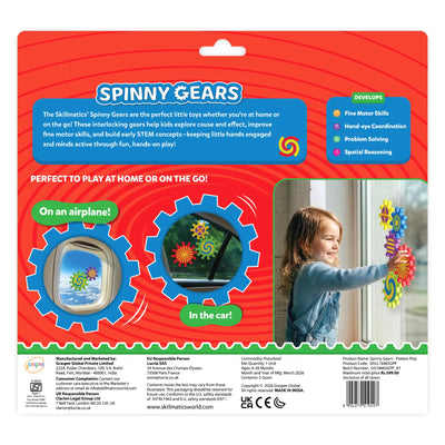 Back of Skillmatics Spinny Gears Pattern Pop 5-gear box on red background. Includes product description and skills: Fine Motor Skills, Hand-eye Coordination, Problem Solving, and Spatial Reasoning. Shows gears on airplane and car windows. A smiling girl sticks colorful patterned gears to a window. Bottom has safety certifications, barcode, and manufacturer details.