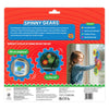 Back of Skillmatics Spinny Gears Pattern Pop 5-gear box on red background. Includes product description and skills: Fine Motor Skills, Hand-eye Coordination, Problem Solving, and Spatial Reasoning. Shows gears on airplane and car windows. A smiling girl sticks colorful patterned gears to a window. Bottom has safety certifications, barcode, and manufacturer details.