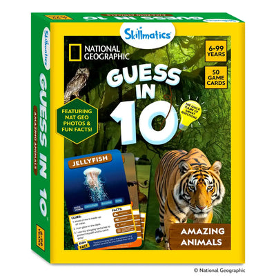 Front-facing view of the Skillmatics and National Geographic “Guess in 10: Amazing Animals” game box. The design features a jungle background with a large tiger image, an owl photo, and a sample jellyfish game card. Badges highlight “6–99 years,” “50 game cards,” and “Featuring Nat Geo photos & fun facts,” with bright yellow borders and branding.