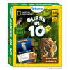 Front-facing view of the Skillmatics and National Geographic “Guess in 10: Amazing Animals” game box. The design features a jungle background with a large tiger image, an owl photo, and a sample jellyfish game card. Badges highlight “6–99 years,” “50 game cards,” and “Featuring Nat Geo photos & fun facts,” with bright yellow borders and branding.