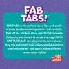 Fab Tabs product information graphic featuring a description of the mess-free tactile activity. The panel explains how children peel stickers, place colorful fabric textures, and reveal completed room scenes while encouraging imagination, creativity, interior design play, and sensory exploration.
