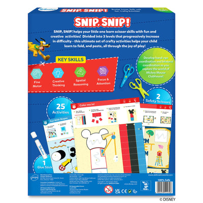 The back view of the Skillmatics Snip Snip box showing a detailed layout of features and contents. Sections highlight key skills such as fine motor development, creative thinking, spatial reasoning, and focus. Illustrations display sample activity pages, two safety scissors, a glue stick, and 25 activities. Additional callouts mention hand-eye coordination, safety standards, age guidance, and certification icons along the bottom.